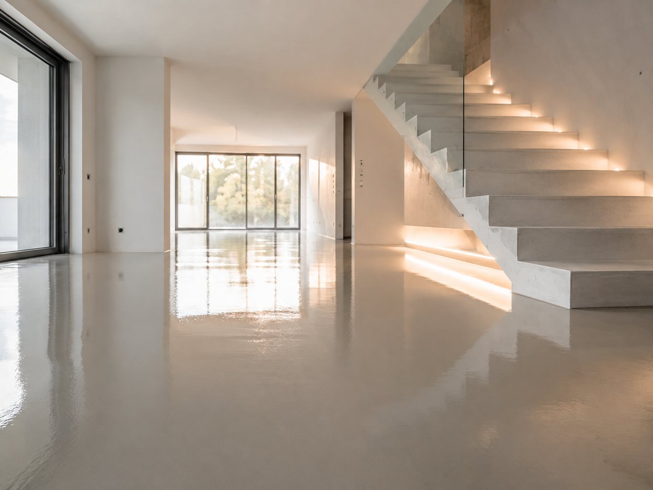 Uitgevloeide egaline in een lege woonkamer, spiegelglad opgedroogd tot tegen de trap